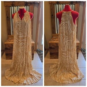 Tan Zebra Halter Top Maxi Dress L Nine West Slinky/sexy!